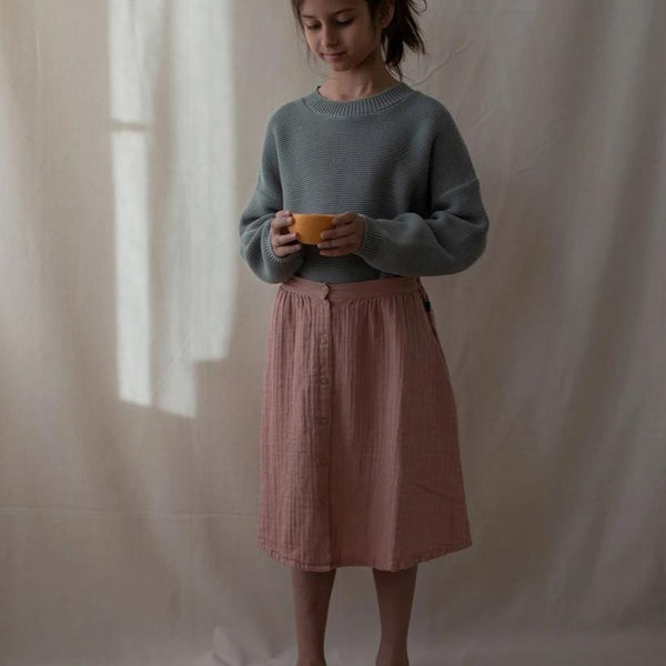Monkind UK skirt Organic Sustainable Conscious dusty rose pink midi