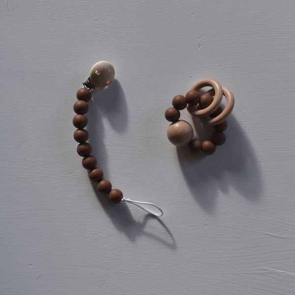Dove and dovelet uk teething rattle silicone natural brown