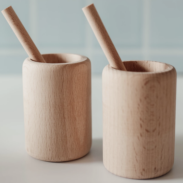 2 WOODEN SMOOTHIE CUPS AND STRAWS